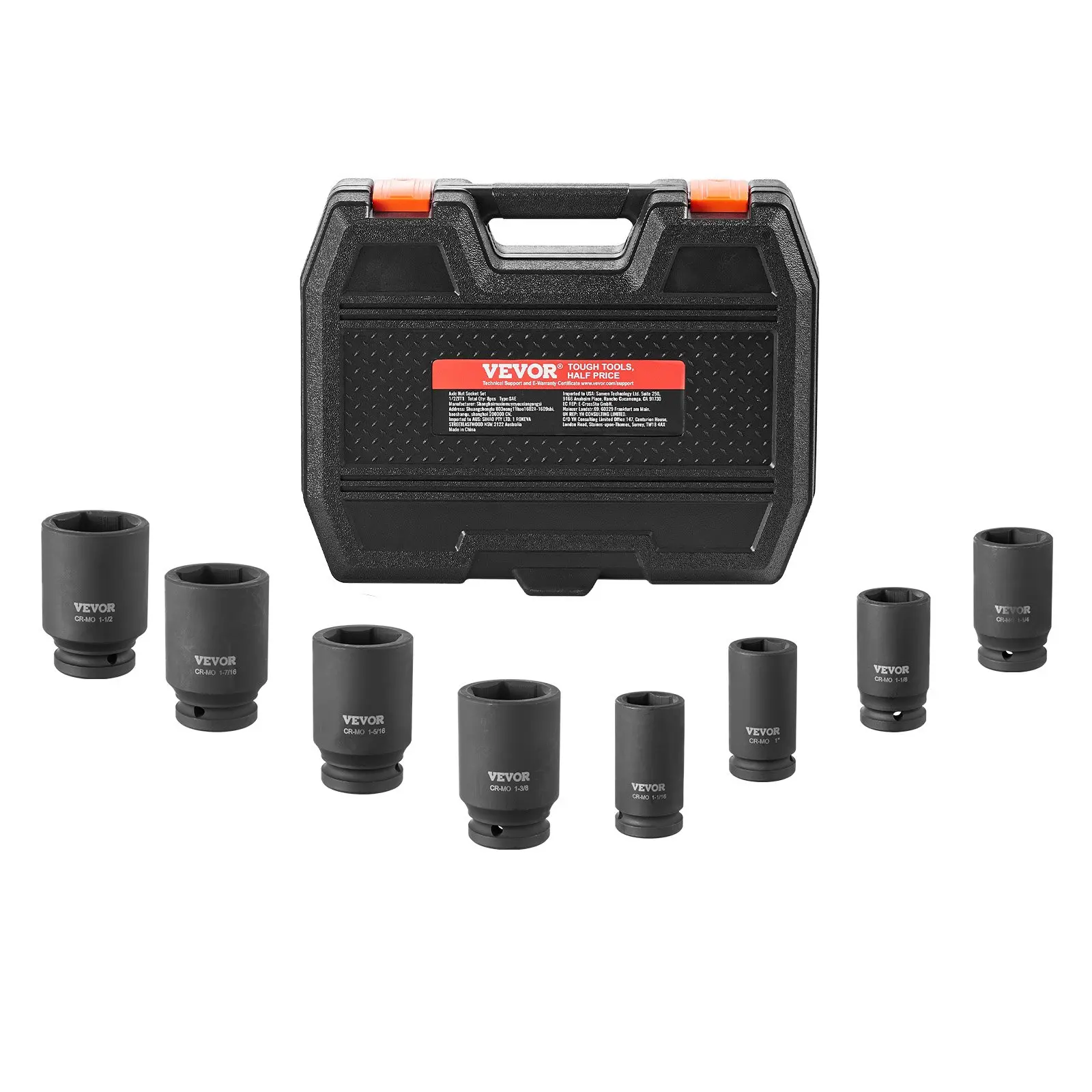 VEVOR 8-Piece SAE Axle Nut Impact Socket Set, 3/4 in Drive Deep 6-Point Socket Design, Cr-Mo Steel Heat Treated, Impact-Resistant, Corrosion Res., 11.75 lbs, Storage Case Included for Axle Repair & Home Repairs