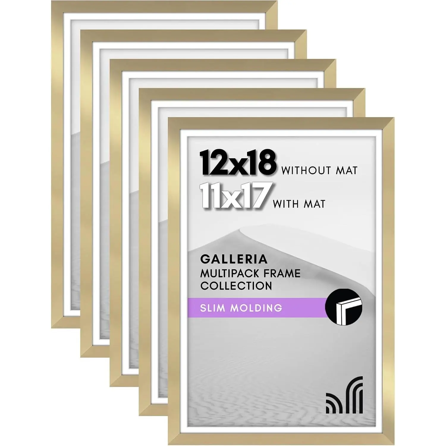 12x18 Poster Frame 5-Pack - Matted to 11x17 - Gold | Slim Molding Construction, Polished Plexiglass Front, Hangs Vertical or Horizontal, Sawtooth Hangers IncludedGift