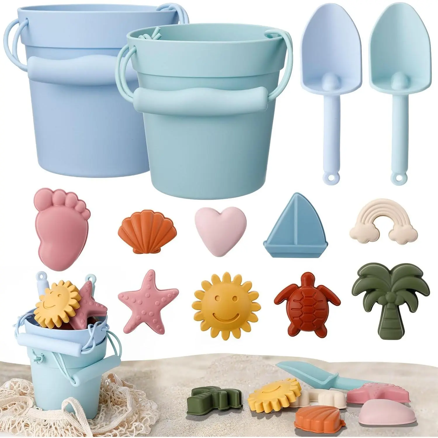 14 Pcs Silicone Beach Toys Set - Travel Sand Toys for Kids, Includes 2 Buckets, 2 Shovels, 9 Sand Molds, 1 Beach Bag - Summer Outdoor Pool Bath Toys for Boys Girls (Blue, Green)
