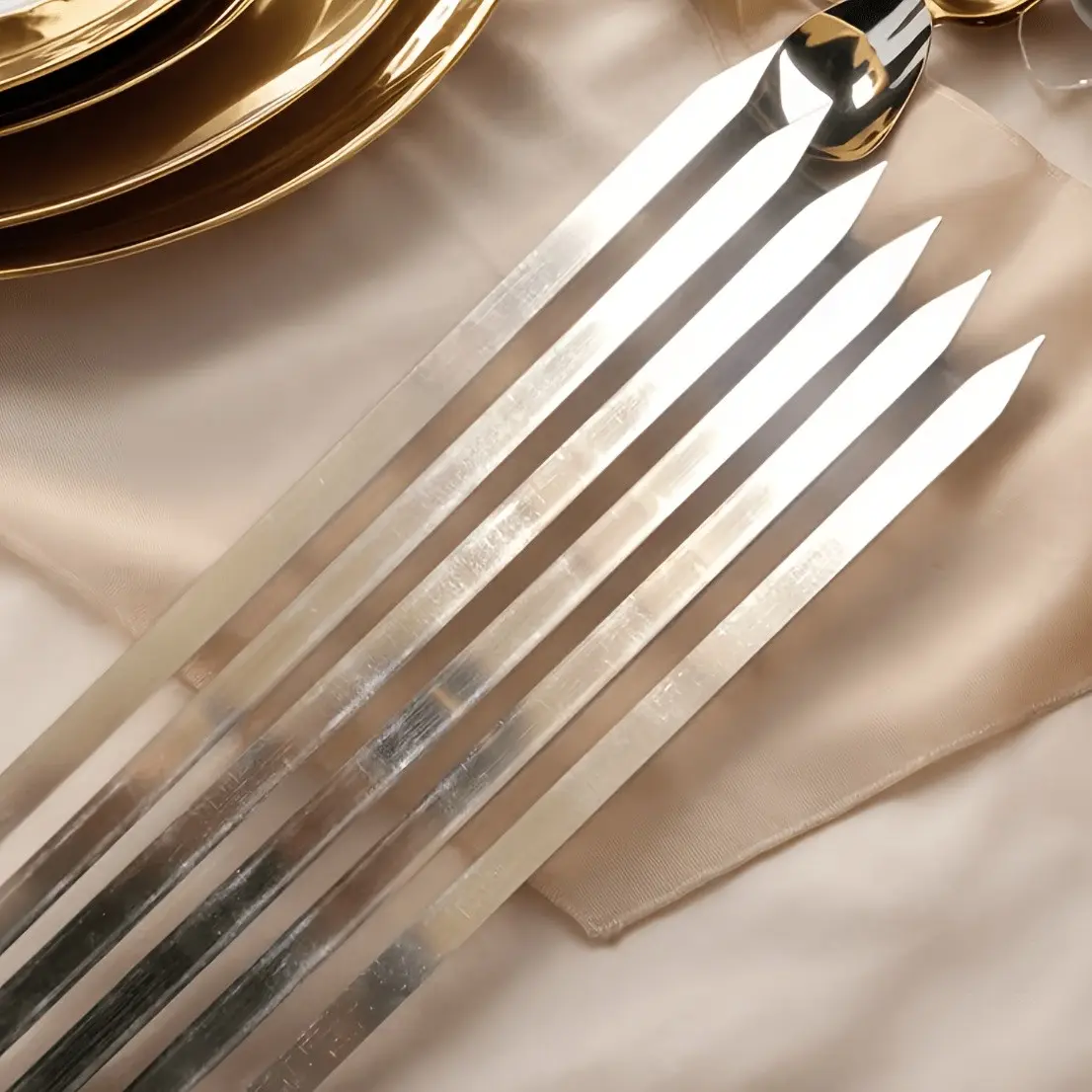 6-Piece Flat Stainless Steel BBQ Skewers, No Wood Handle, Reusable Camping Essential, Outdoor Cooking Gear, Picnic Accessories