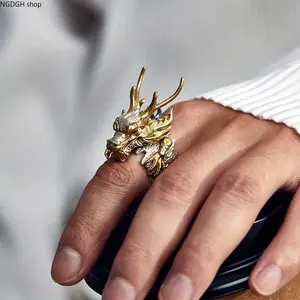 Gold Dragon Statement Ring - Stylish Two Tone Beast Ring with Red Blue Gem Eyes & 3D Claws, Vintage Inspired Adjustable Band Strong Build Great for Casual Street Fashion Power Pose Photoshoot & Warrior Energy Jewelry