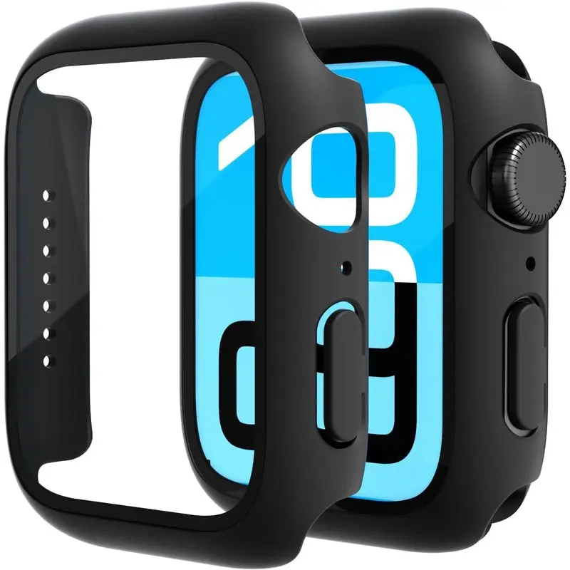 2 Pack Tempered Glass Case Compatible for Apple Watch, Hard PC Screen Protector Overall Protection Lightweight Scratch (Black(2-Pack), 40mm)
