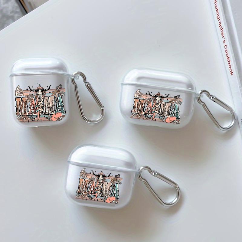 Western MAMA Pattern TPU Soft Protective Case for Apple AirPods 4/3/2/1/Pro/Pro2 Transparent Earphone Cover with Keychain Attachment