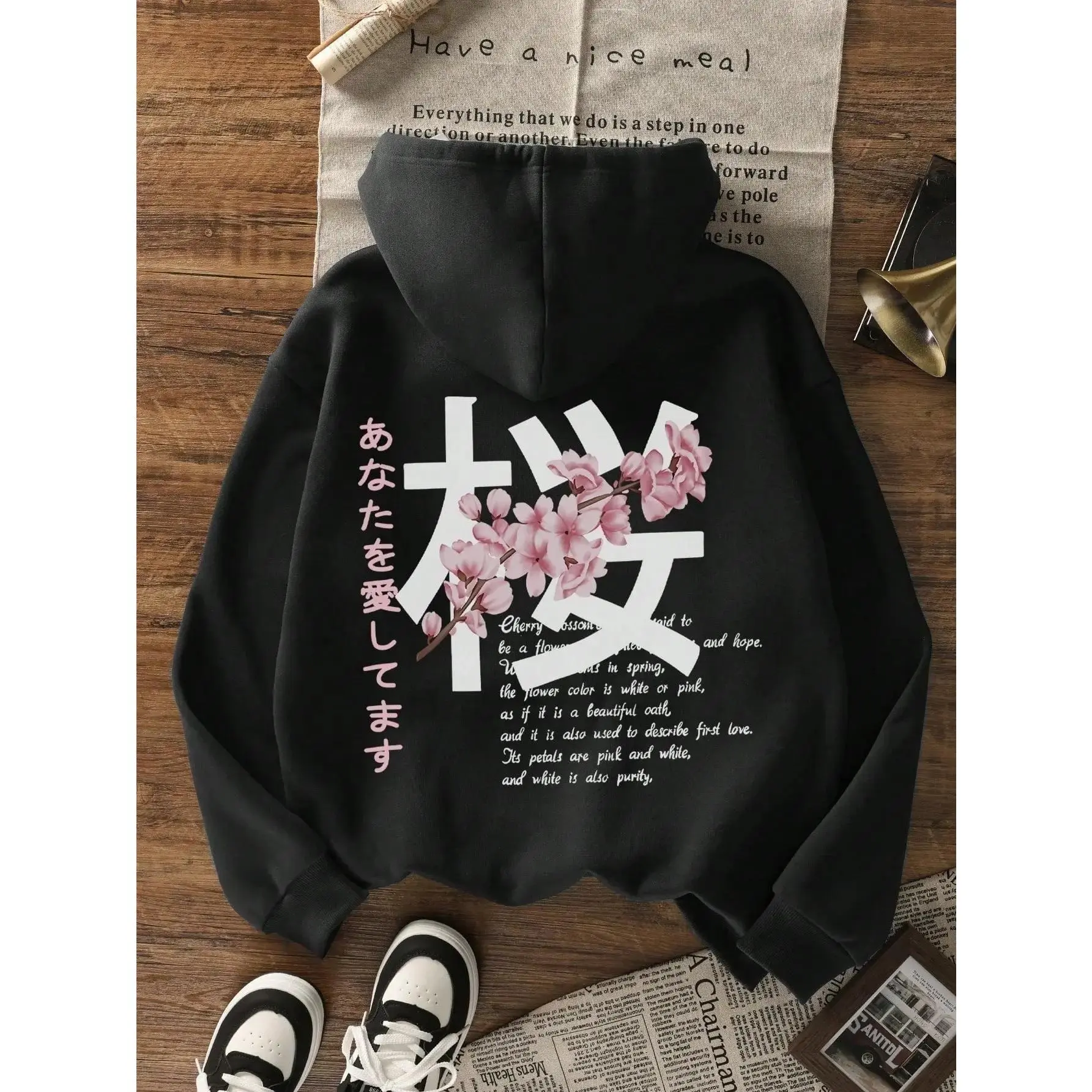 Japanese Sakura Cherry Blossom Kanji Back Print Hoodie 400G Brushed Fleece Oversized Black Hooded Sweatshirt Vertical Japanese Love Phrase Large White Sakura Kanji Floral Graphic Aesthetic Harajuku Anime Streetwear Pullover For Men Women Teens