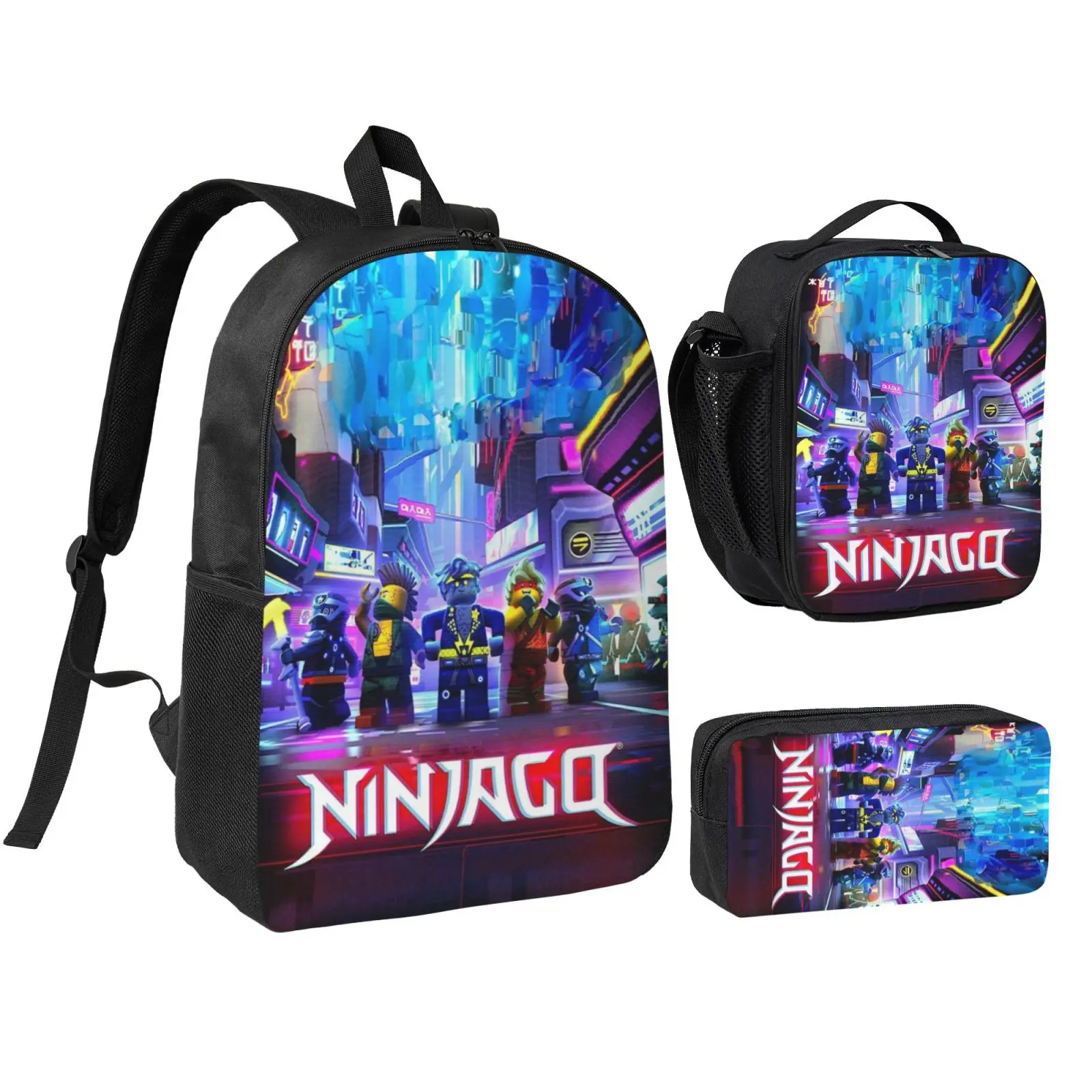Anime Ninjago4 3Pcs School Backpack Set for Teen Boys Girls, Adjustable Shoulder Straps Lightweight Bookbag with Insulated Lunch Bag & Pencil Case, School bag, Travel Office Daily Bag