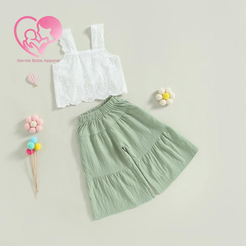 (65% Cotton) GBA Baby Baby Girls Summer Outfit Solid Color Sleeveless Lace Tank Tops and Elastic Casual Wide Leg Pants Set