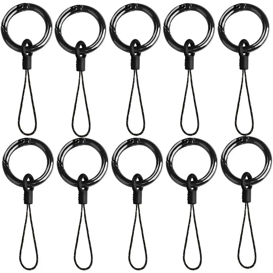 Metal Spring O-Ring Set with Nylon Wrist Lanyards, 10 Pack Black 24mm Rings and 15 Pack Black 2.5-inch Straps, for Key, Bag, Purse, Handbag, Buckle, Mobile Phone