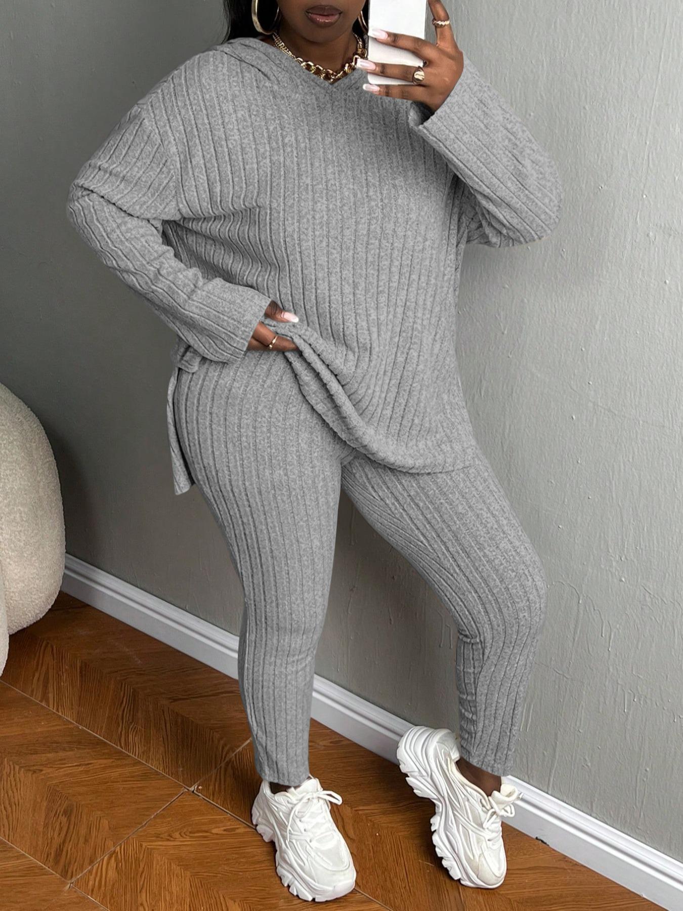 [Plus Size] Women's Two-Piece Set Solid Textured Ribbed Drop Shoulder Long Sleeve Hoodie & Elastic Waist Pants, Casual Fashion Cozy Ribbed Outfits for Daily Outdoor Wear, Ladies Clothing for Fall & Winter