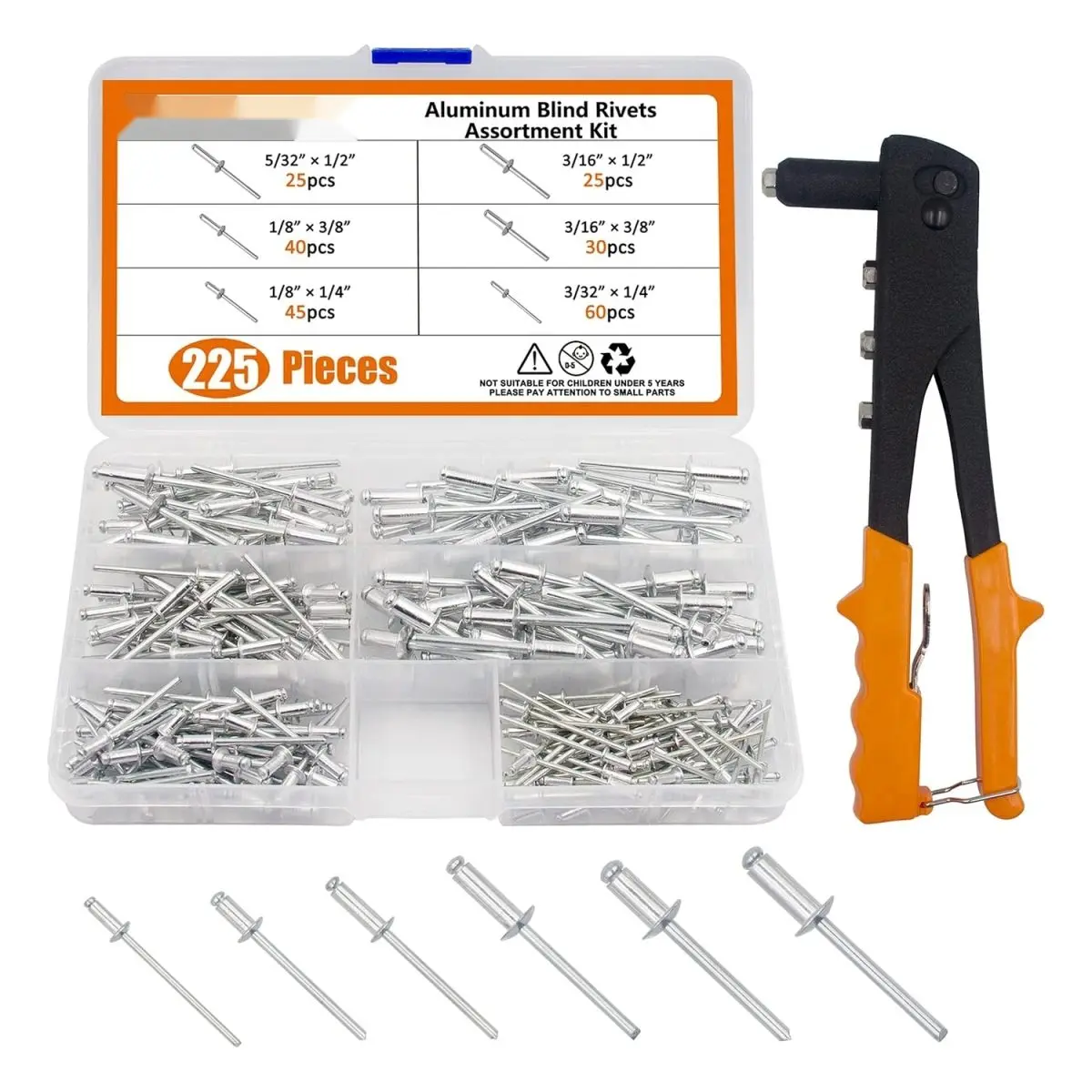 Heavy Duty Hand Riveter Tool Kit with 225 Pcs Aluminum Blind Rivets Assortment, 6 Sizes Pop Rivets, Hand Ratchet Riveters for Automotive Motorcycle Car Repair Assembly Disassembly