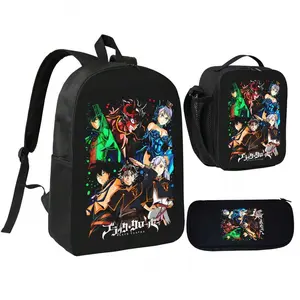 Black Clover Magic Knight three-piece school bag set with contrasting color accents on a black background, including a backpack, insulated lunch bag, and stationery storage bag, suitable for daily use by teenagers