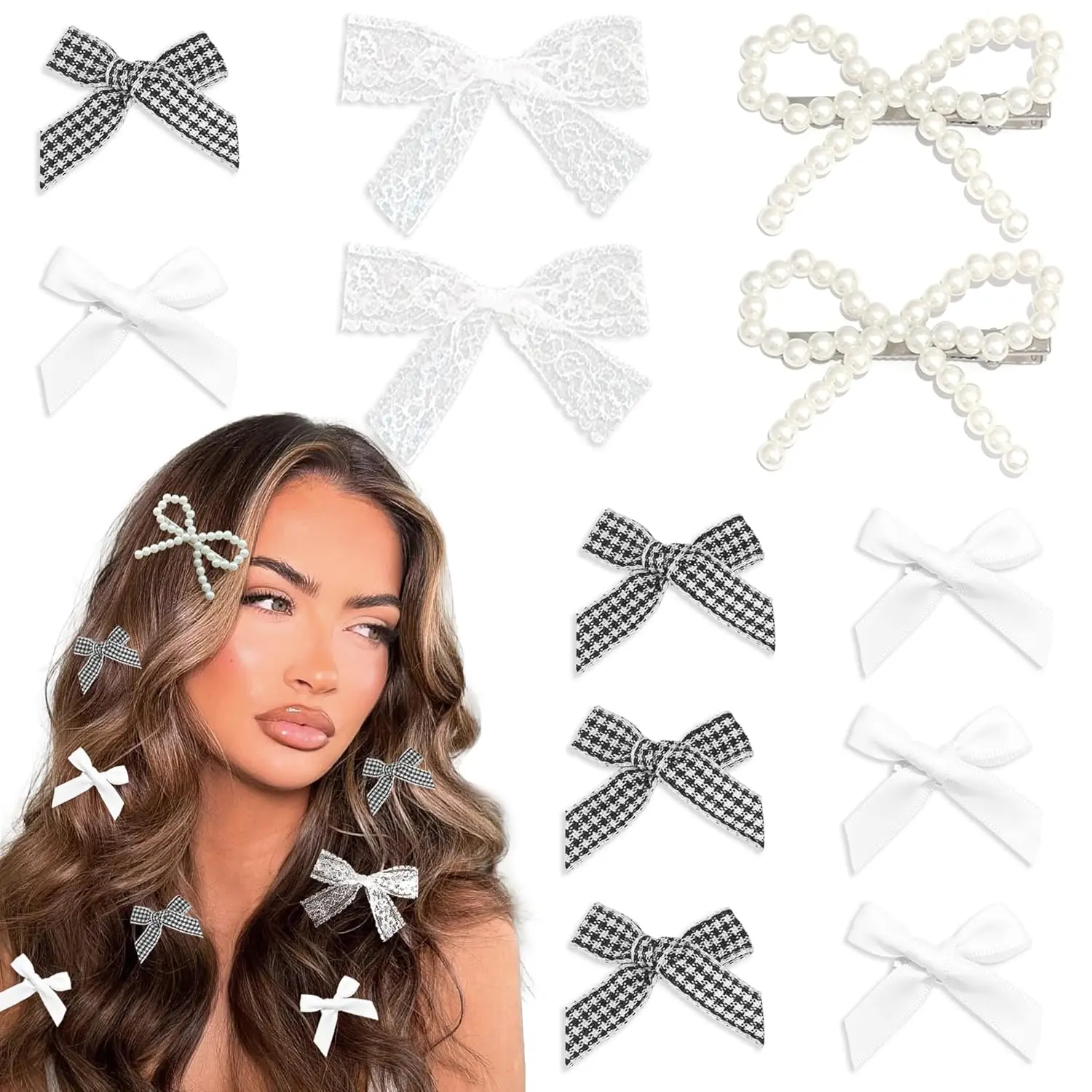 White Bow Hair Clips 12PCS Satin Small Hair Bows 4 Styles Pearl Hair Barrettes Gingham Y2k Hair Accessories for Women Girls