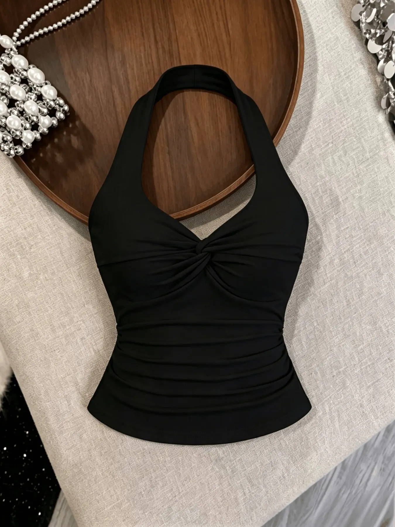 Tie Front Halter Neck Ruched Tank Top, Bold Style Waist Cinching Slimming Effect, Summer Sexy Short Sleeve Upper Garment Summer Tops Trendy