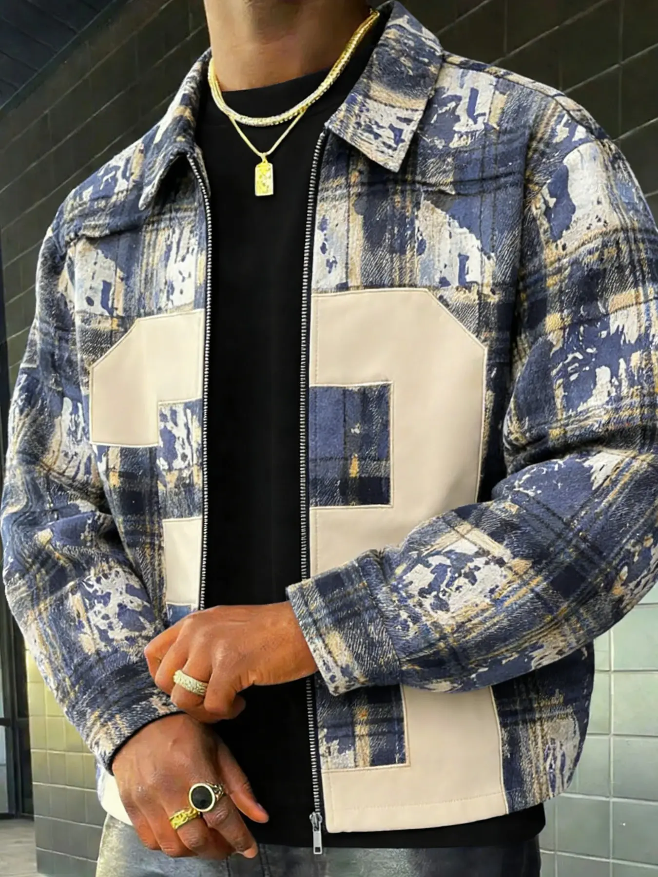 Men's High Street Style Graffiti Plaid Jacket, Blue Graffiti Plaid + Large Number Patchwork, Loose Lapel Version, Vintage Fabric