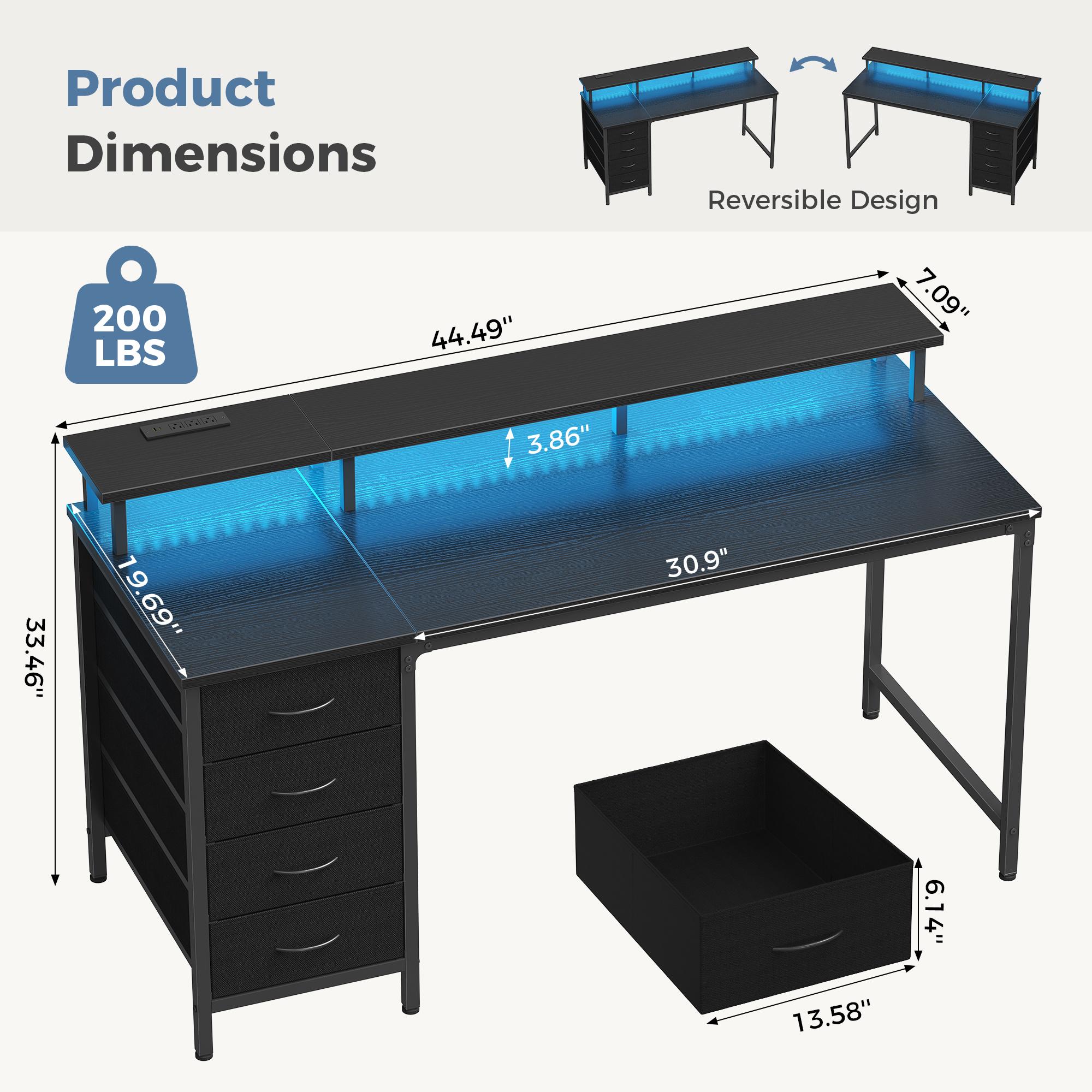 Gaming Desk with LED Lights USB Type C Charging Station, Computer Desk with 4 Drawers Monitor Stand Storage for Home Office