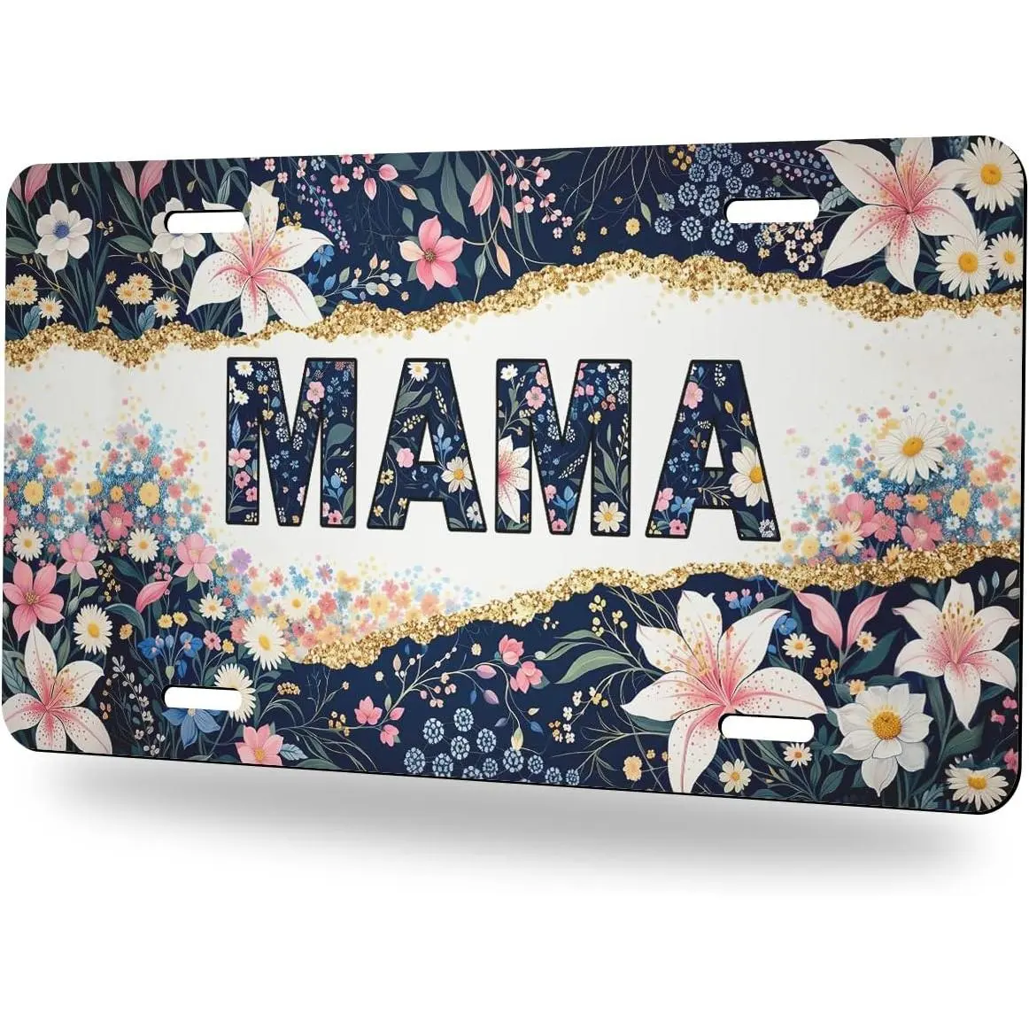Mama Front License Plate Floral Mama Gold Flowers Decorative Metal Car Plate Vanity Tag Aluminum Novelty License Plate Waterproof Colorfast 12×6 Inch Car Decor Accessory for Men Women