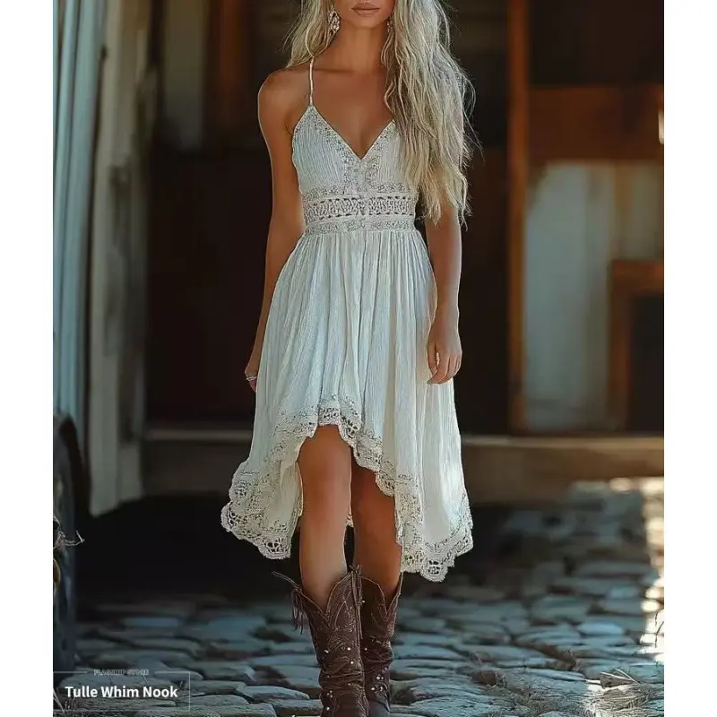 Women's Sleeveless Vintage Bohemian-Western Casual Dress, Women's Western Dresses with Strap Lace and Bohemian Vibe, Sling Style, Lady, Casual Wear, Country Concert Outfit, Hippie Style