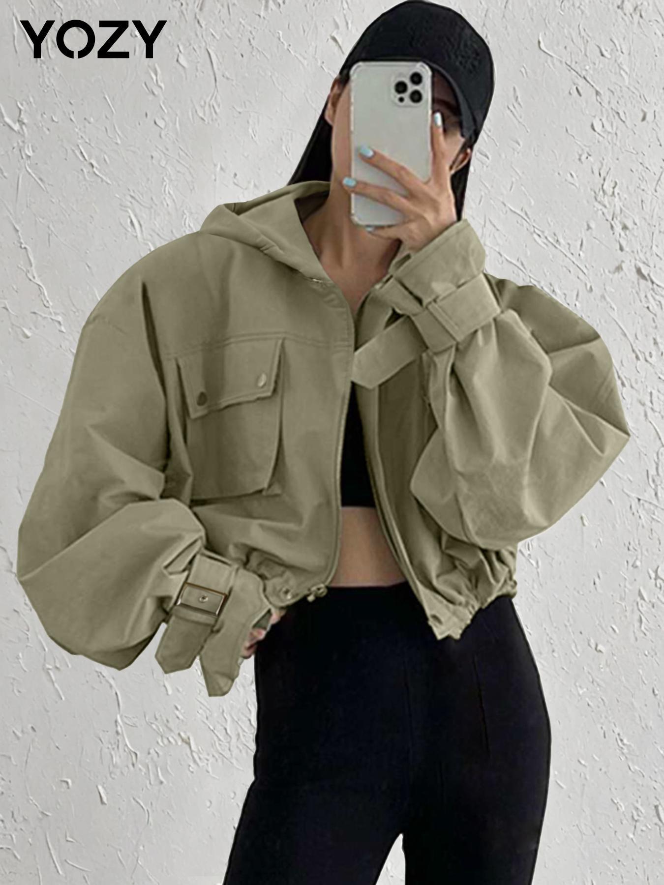 YOZY Women's Solid Button Pocket Zipper Hooded Trench Coat, Casual Drop Shoulder Long Sleeve Outerwear for Fall & Winter, Ladies Clothes for Daily Wear