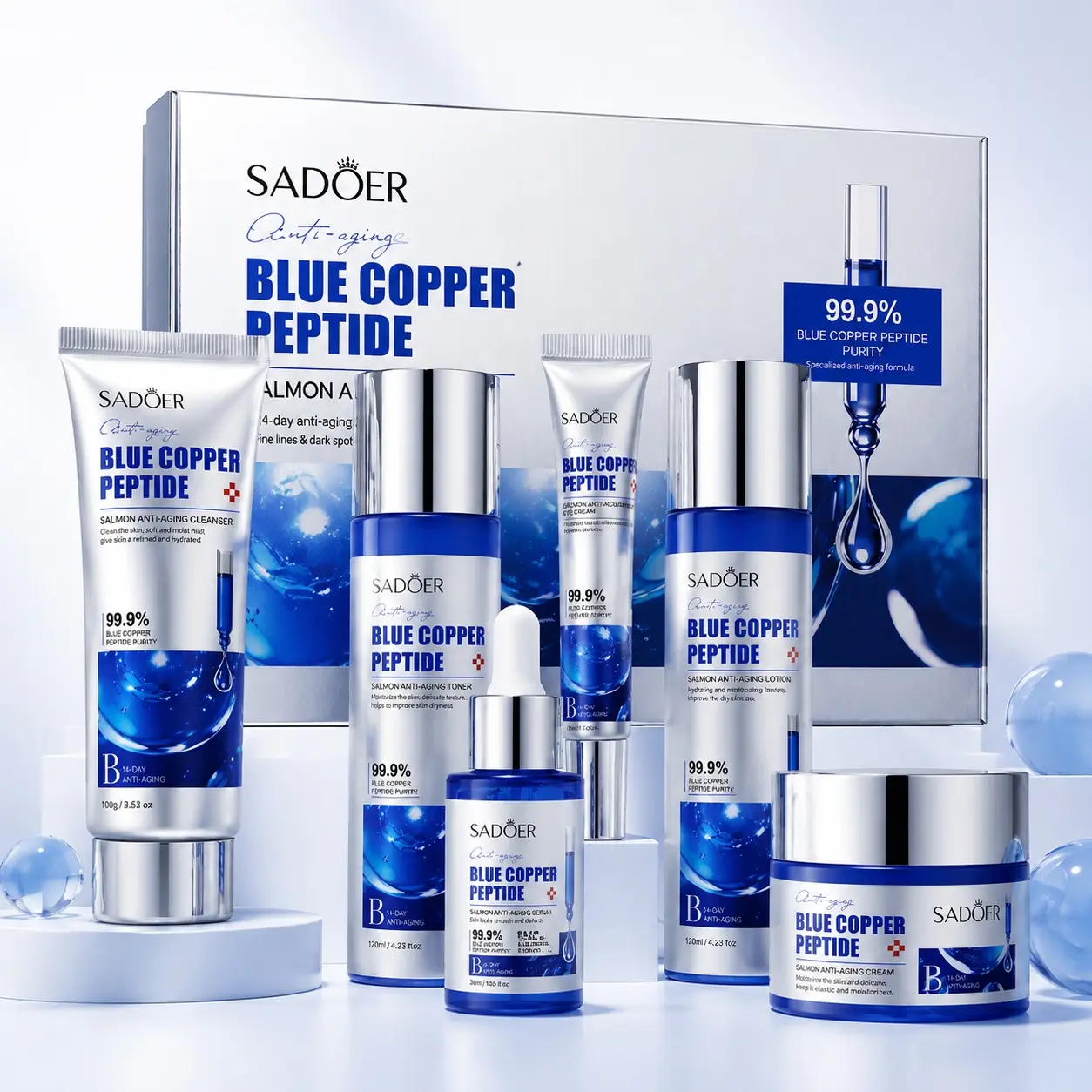 SADOER Blue Copper Peptide Skincare Set, 6-Piece Face Care Gift Box with Cleanser 100g, Toner 120ml, Eye Cream 20g, Serum 30ml, Lotion 120ml and Face Cream 50g, Sodium DNA + Niacinamide, Hydrating Moisturizing Daily Routine