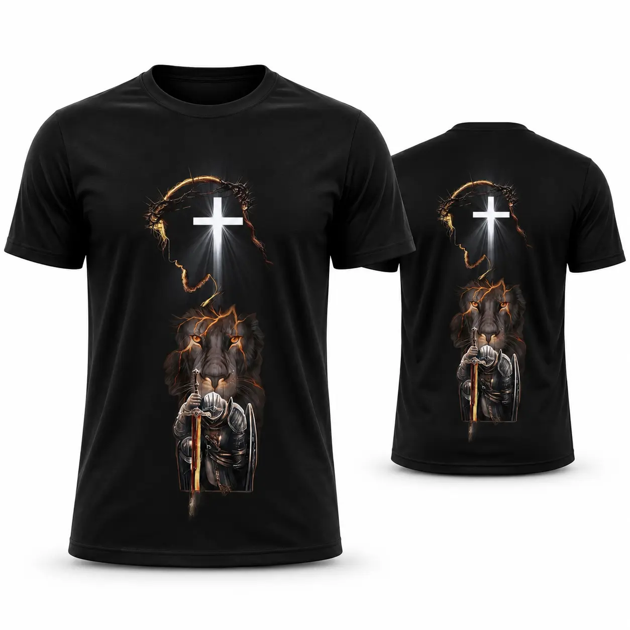 Men's Christian Graphic T-Shirt, Lion of Judah Cross & Armor of God Knight Print, Black Short Sleeve Crew Neck Faith Tee