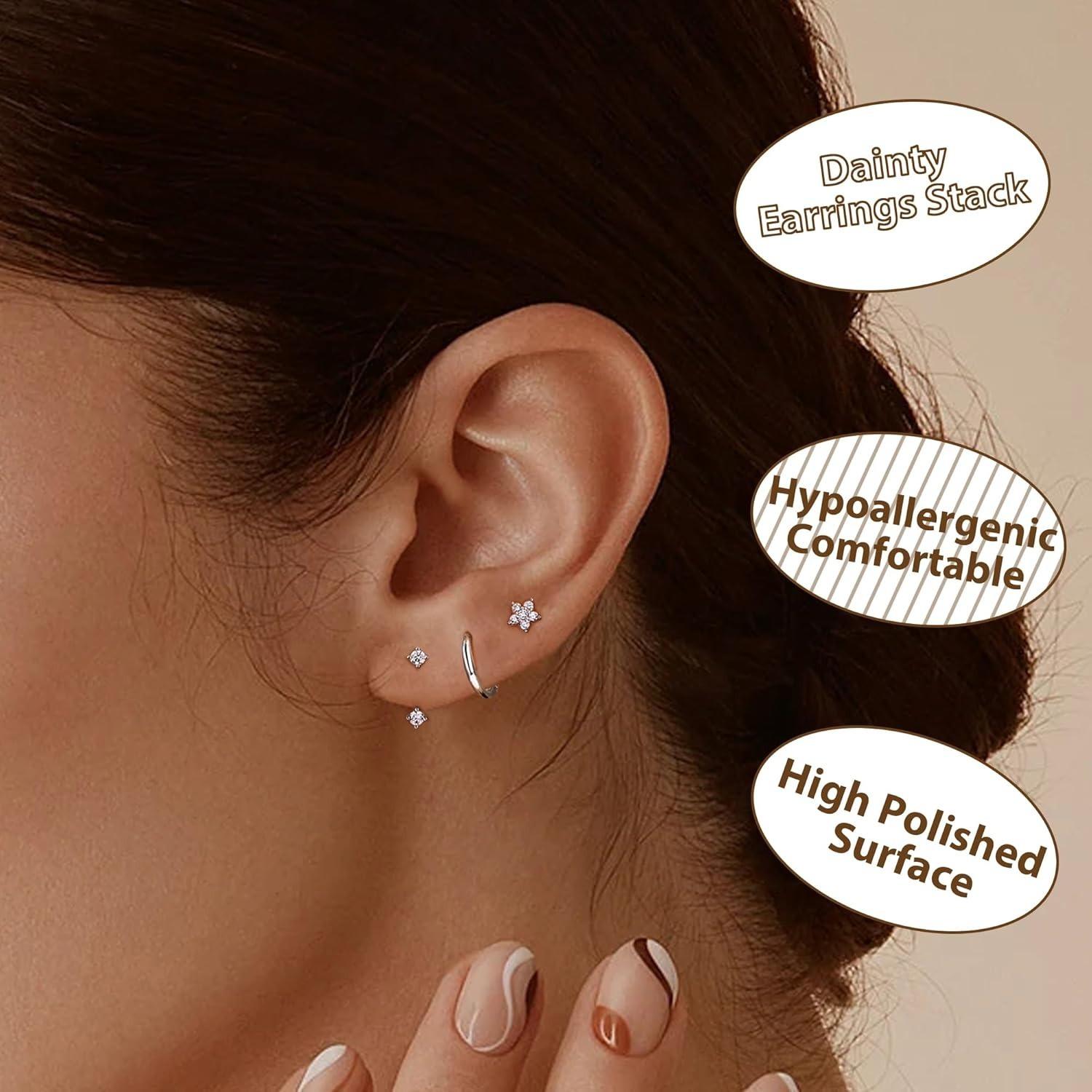 Trendy 14K Gold Plated Earrings for Women Earrings for Multiple Piercings Cartilage Stud Small Hoop Dainty Earrings Set Jewelry