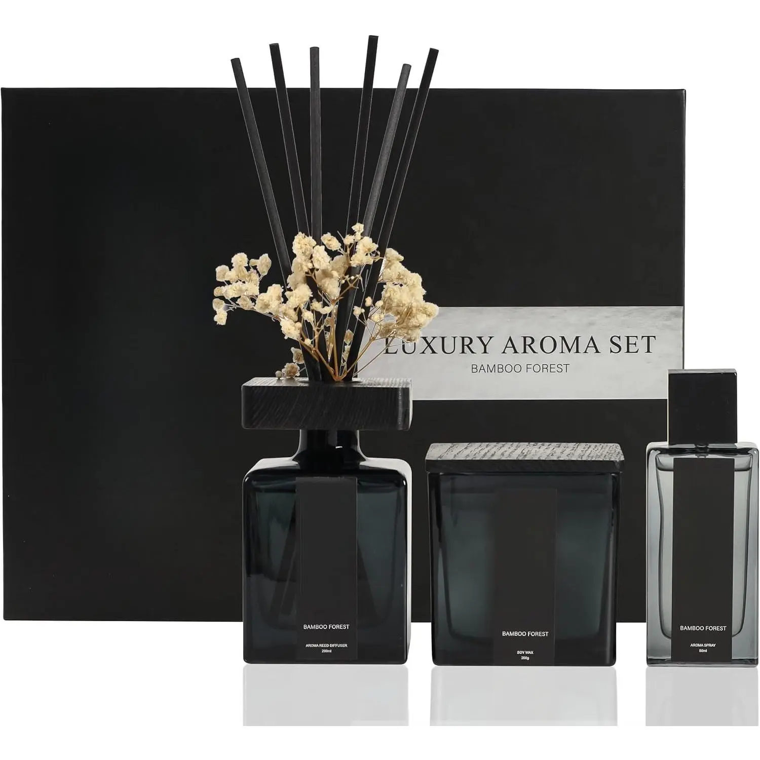 Luxury Aroma  Set |  Forest Scent - Reed Diffuser (200ml),  Wick Soy Candle (200g), Room (50ml) | Includes Dried  & 8 Reeds | Luxurious  for  Décor |  Gifts