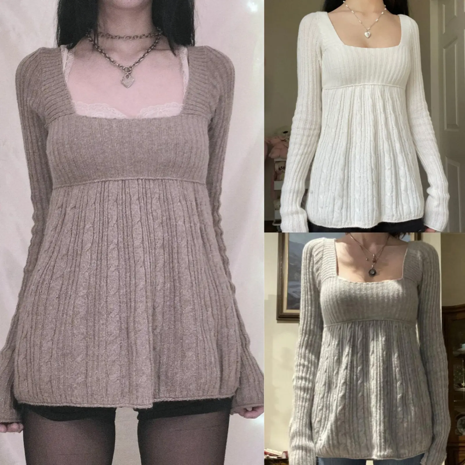 Women's Chic Cotton Square Neck Long Sleeve Lightweight Fit Knit Top - Casual Babydoll Bridal Fall Winter Sweater