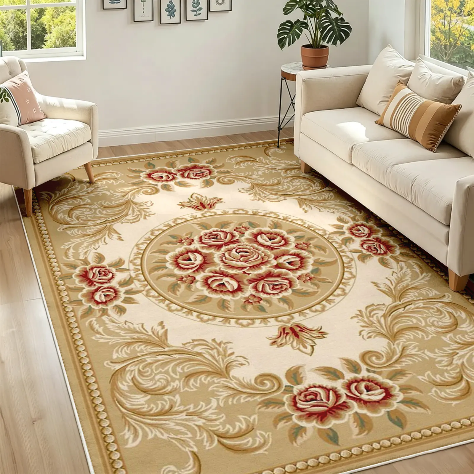 Classic European Area Rug, Embossed Rose Medallion with Ornate Acanthus Scrollwork and Pearl Border, Non-Slip Washable Carpet, Soft Durable Floor Mat, Aesthetic Rugs for Living Room Bedroom Home Decor, 8 x 10 ft Area Rugs