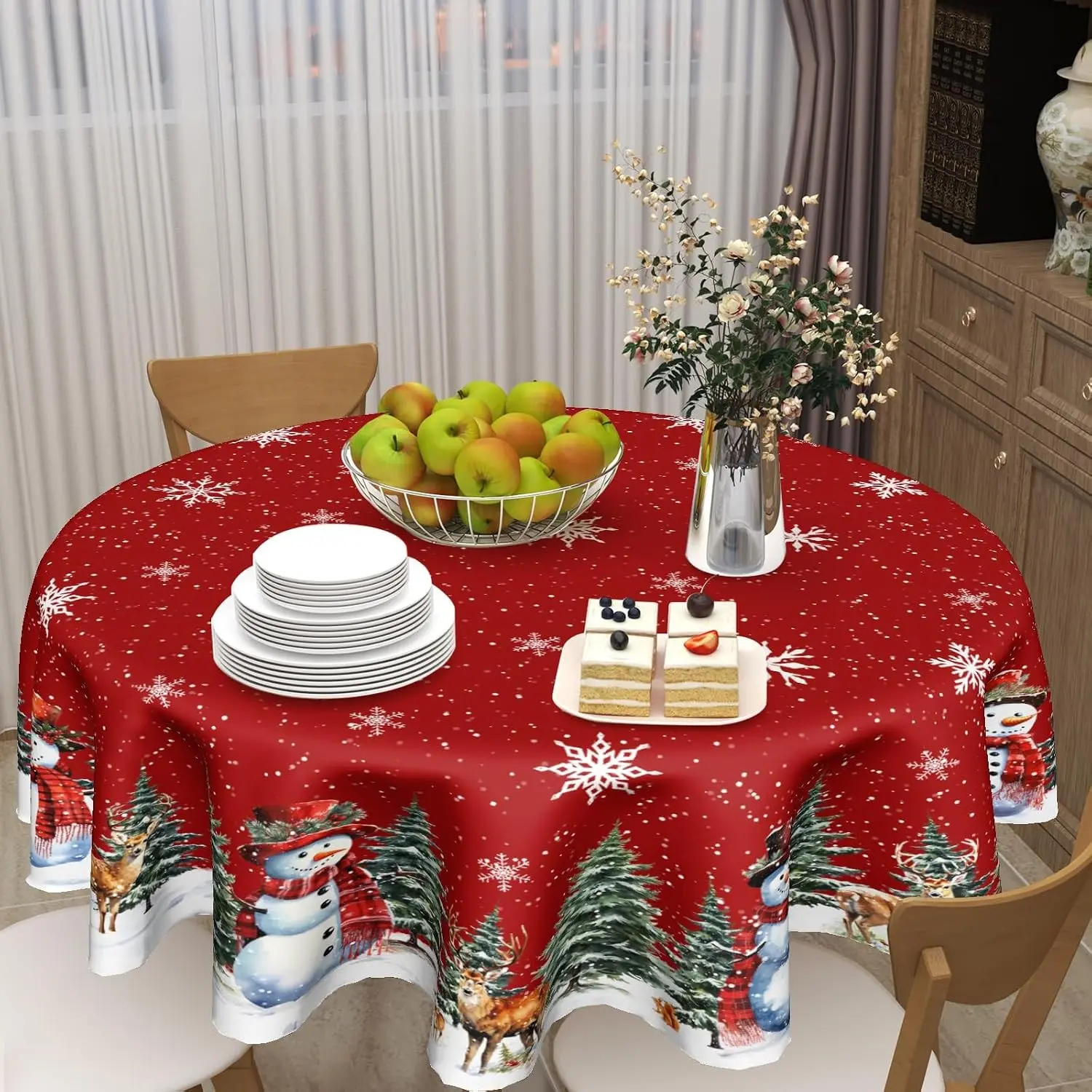 2D Flat Party Tablecloth 1pc, Christmas Round Tablecloth, Snowman Winter Snowflake Reindeer Decor, Polyester Festival Home Gathering Dining Party Tablecloth