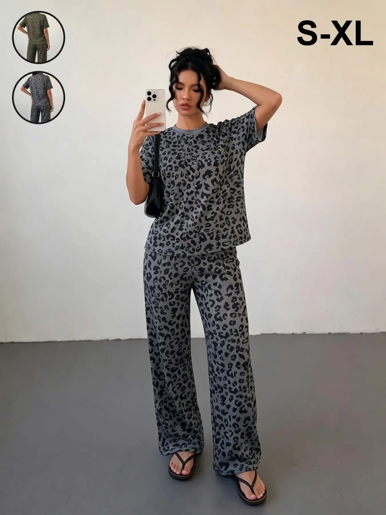 High Stretch Vertical Groove Leopard Print Casual Two-Piece Set, Basic Round Neck Short Sleeve Top, High Waist Loose Fit Straight Leg Pants