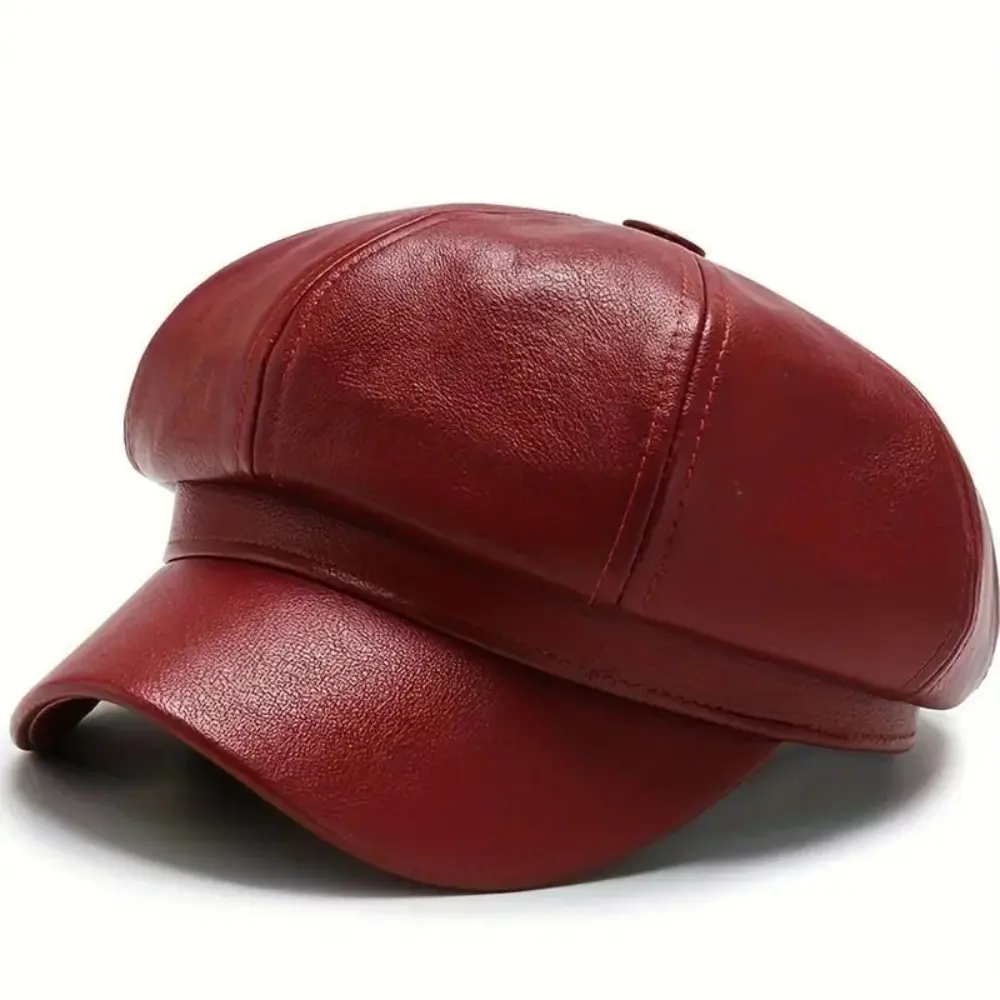 Women's Outdoor Vintage Leather Baker Boy Cap - Octagonal Newsboy Hat with Short Visor, Winter Fall Casual Hats for Women, 1 Size for Daily Commute