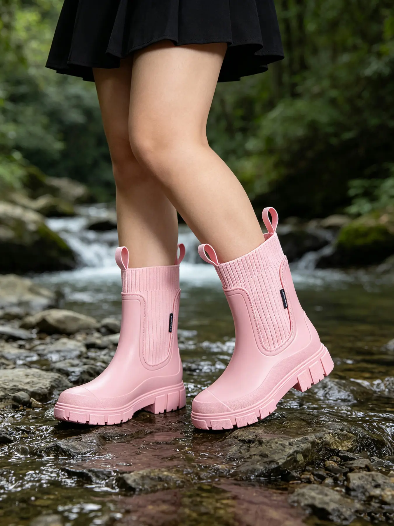 2026 New Women's Mid-Calf Rain Boots, Thick Sole Elastic Knit Waterproof Shoes, Anti-Slip Height-Increasing Rain Boots, Sizes 36-43