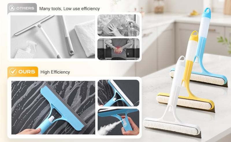 3 in 1 Window Cleaning Scraper, 2025 New Squeegee for Shower Glass, 3 in 1 Spray Function for Glass Doors for Windows Glass, Mirrors Scraper, Brush. All-Purpose Window Cleaner Tool (Blue)
