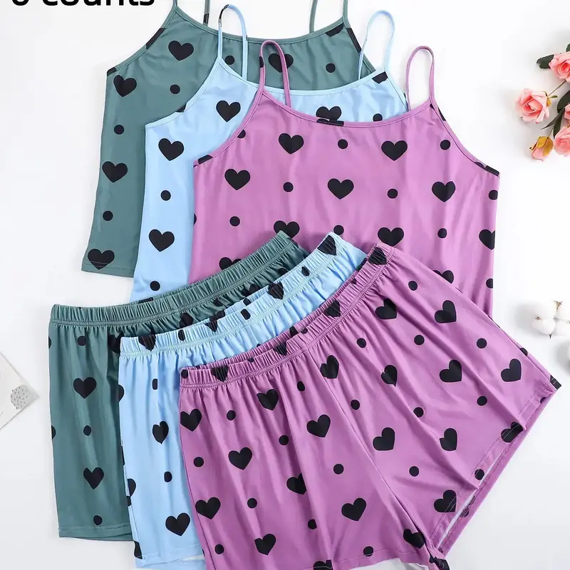 Plus Size Women's Casual Heart Print Sleeveless Spaghetti Strap Cami Top & Elastic Waist Shorts Pyjama Set, Sleepwear for All Seasons, Loungewear, Homewear, Pajamas