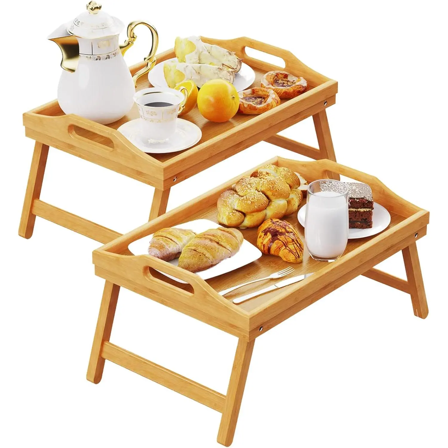 2 Pack Breakfast in Bed Tray for Eating, 16.92 x 12.6 Inch Bed Table Tray with Folding Legs & Handles, Bamboo Food Lap Trays Fits for Adult Kids Eating/TV/Surgery Recovery. Set of 2