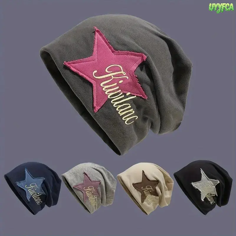 Y2K Slouchy Beanie For Women And Men, Distressed Star Patch Script Embroidered Soft Stretch Cotton Hat, Lightweight Loose Slouch Cap With Multi Neutral Tone Options For Street Style, Outdoor Walks