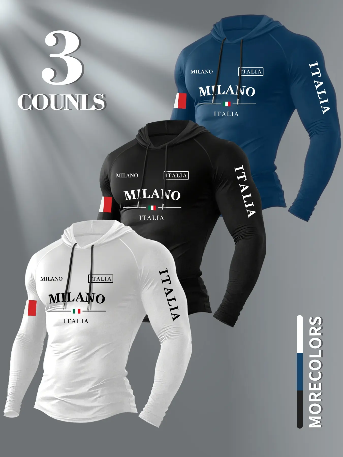 Italian Milano ITALIA Flag Print Compression Tops Hooded Long Sleeve 3 Pack, Stretch Quick Dry Fitted Gym Base Hoodie