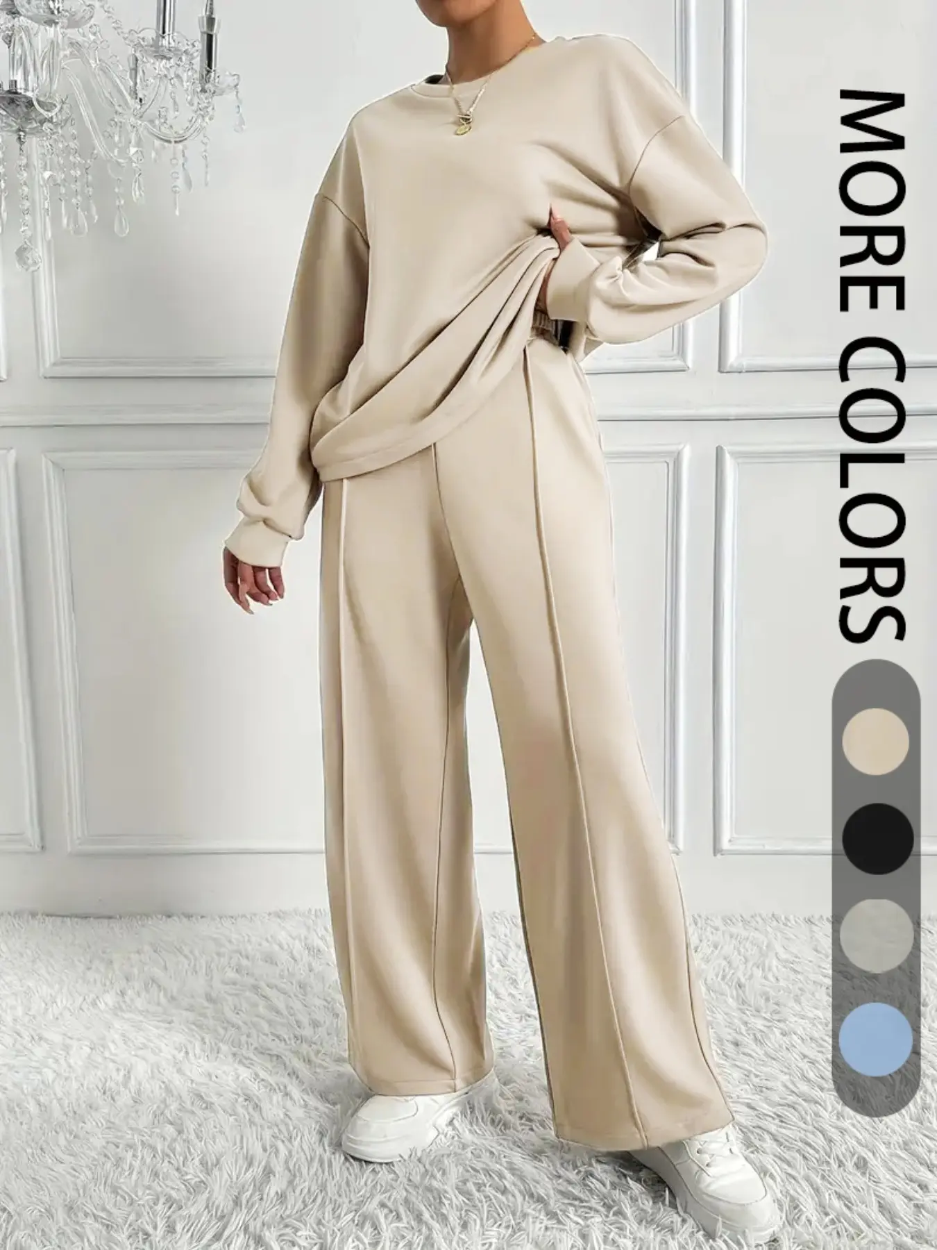 Style Casual Bestselling New Pure Color Round Neck Long Sleeve Top Baggy Long Pants Set, Women's Elegant Two-Piece Clothes, Fashionable and Comfortable
