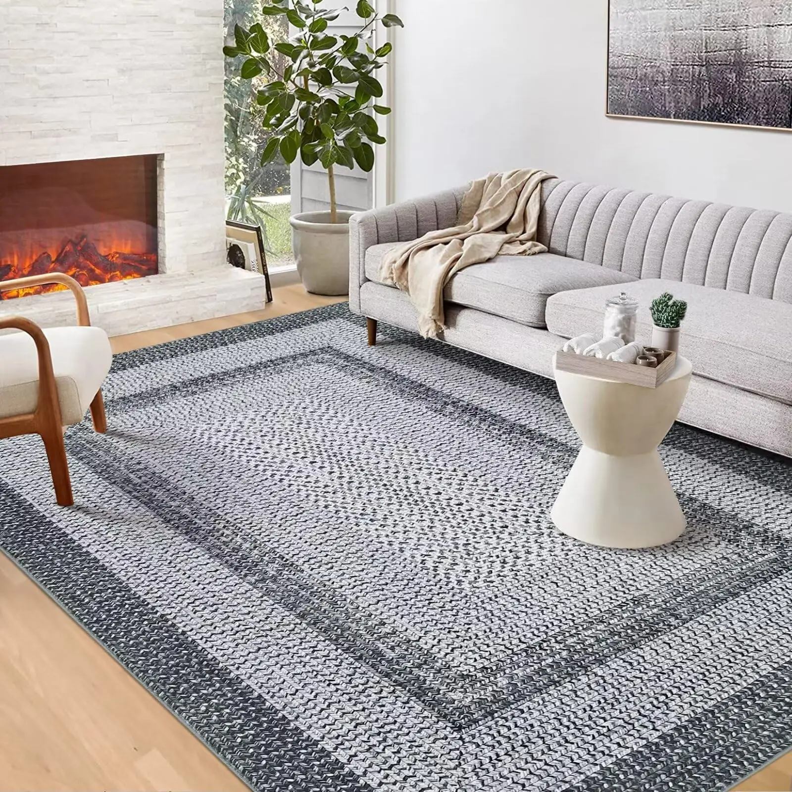 GARVEE 4x6 Area Rug - Modern Braided Low Pile Washable Entryway Rug for Living Room, Bedroom, Home Office - Non-Slip, Non-Shedding, Foldable Thin Floor Rug in Grey, Farmhouse Aesthetic