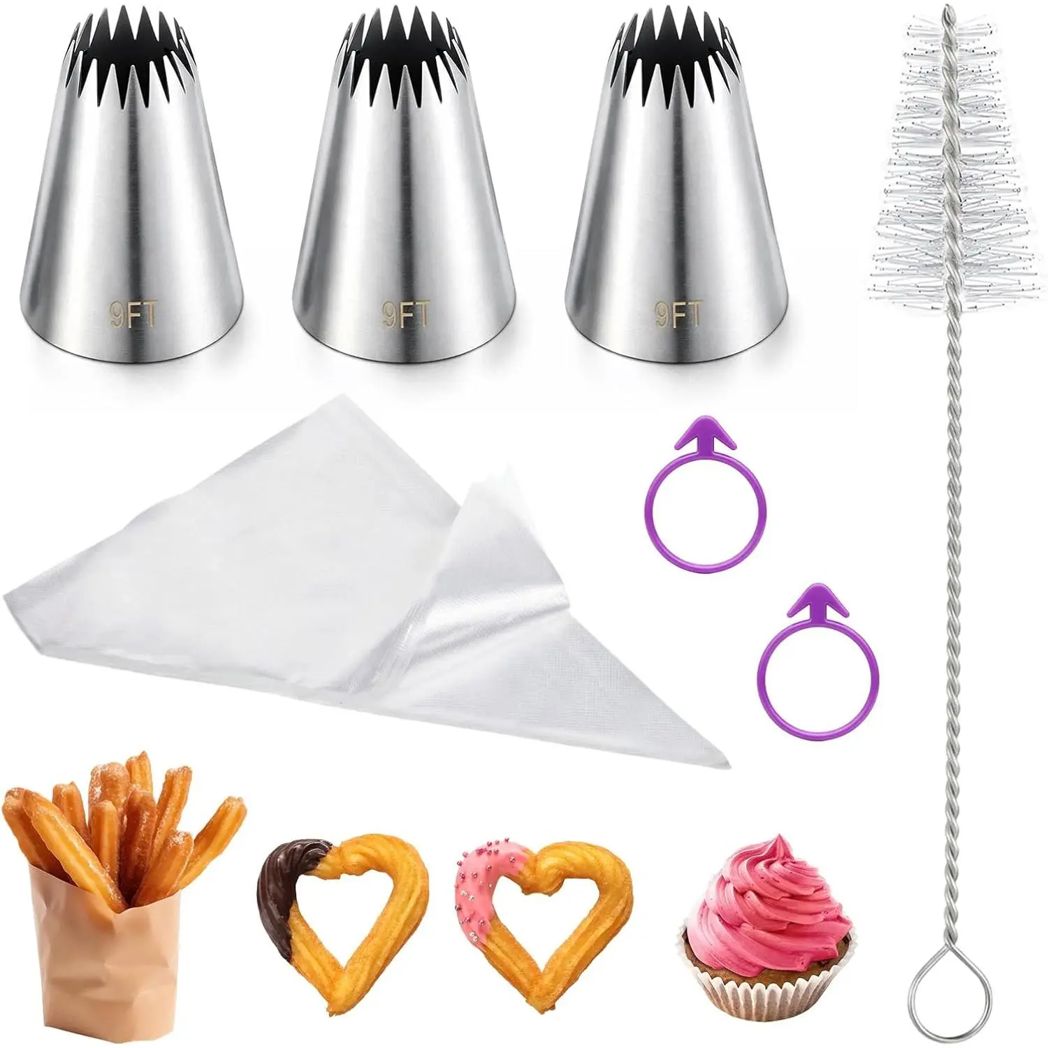 3 count 9FT Large Churro Piping Tips and Bags Set, Butter Cookies | 9FT Pastry Tip with 20 count Disposable Piping Bags, Large Piping Bags, Churros maker,Cupcake Decorating tip