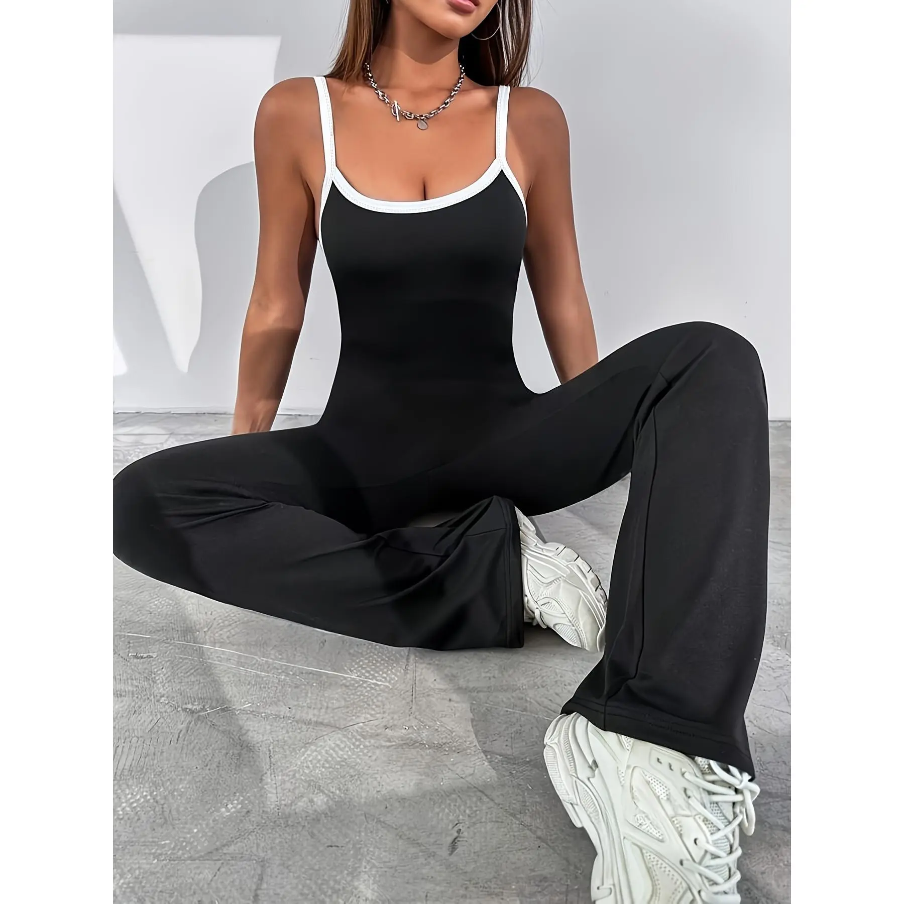 [All-Season Jumpsuit] Women's Elegant Spaghetti Strap Wide-Leg Bodysuit - Black and White Color, Backless Sleeveless Medium Stretch Fabric, Suitable for All Seasons, Machine Washable, Casual and Formal Occasion Jumpsuit