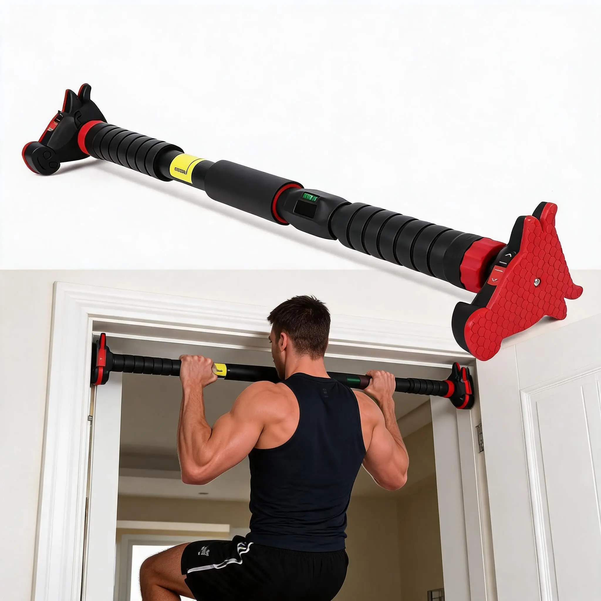 Garvee Heavy Duty Doorway Pull Up Bar – Adjustable Width, No-Screw Installation, Locking Mechanism, Level Meter, Max 440lbs Capacity – Home Gym Upper Body Strength Trainer