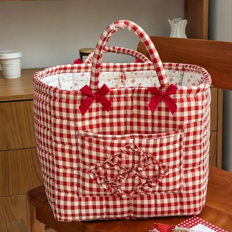 Women Vintage Ditsy Floral Print Quilted Handheld Storage Basket, Elegant Lightweight Multipurpose Organizer with Front Zipper Pocket, Portable Car Storage Bin for Work Road Trip Daily Commute