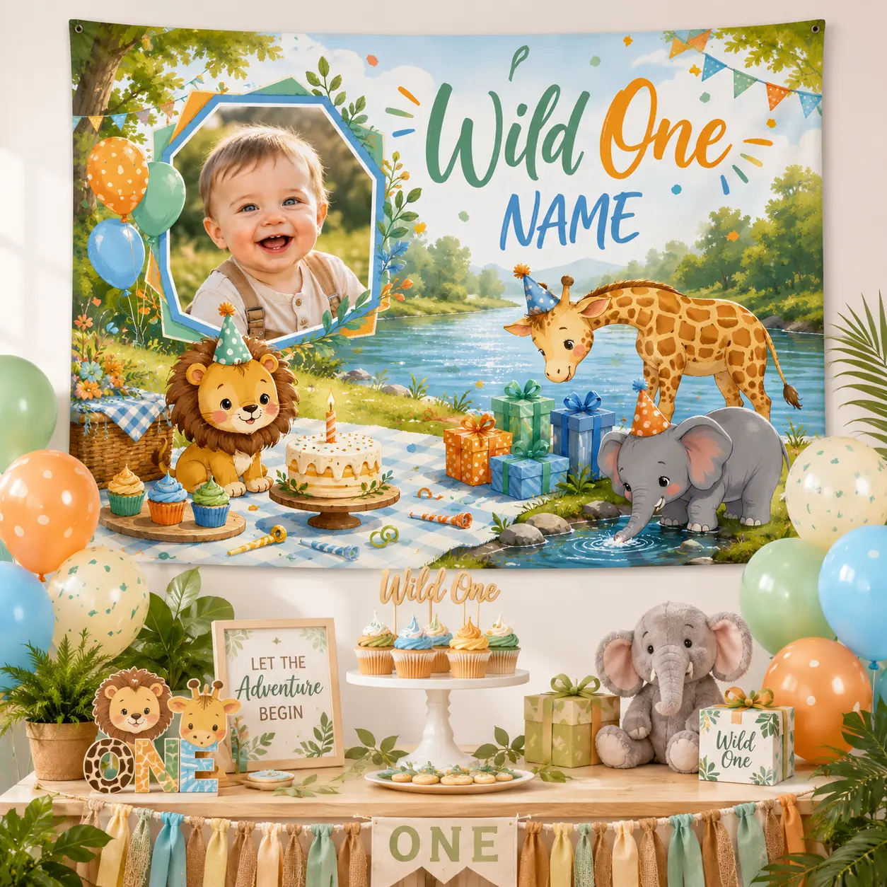 Personalized Wild One Birthday Backdrop with Custom Name and Photo, Safari Animal Party Background for Kids Banners Decor