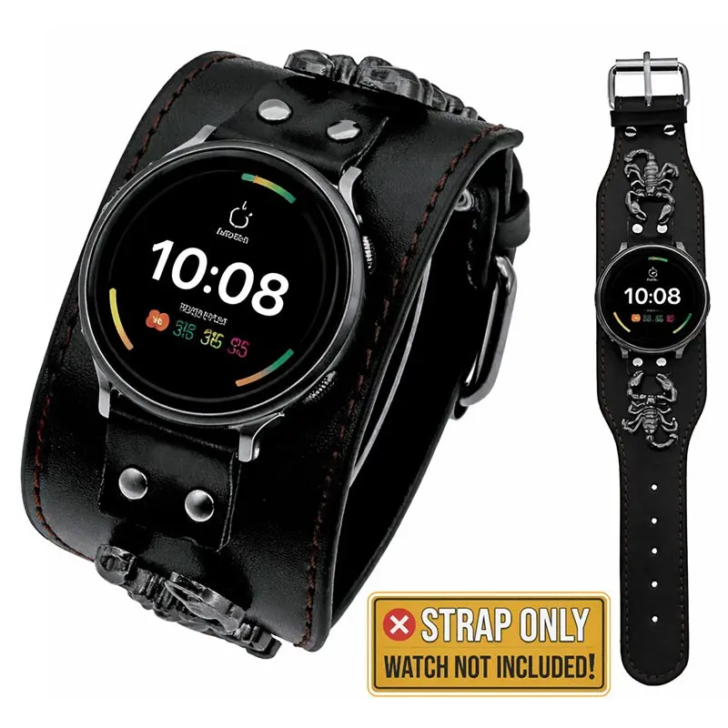 Unique design wide edged skull black leather strap, suitable for Samsung Galaxy Watch 8 4 5 Pro 6 7 Ultra 2 strap, accessories for men's and women's watches, Smartwatch Replacement Straps