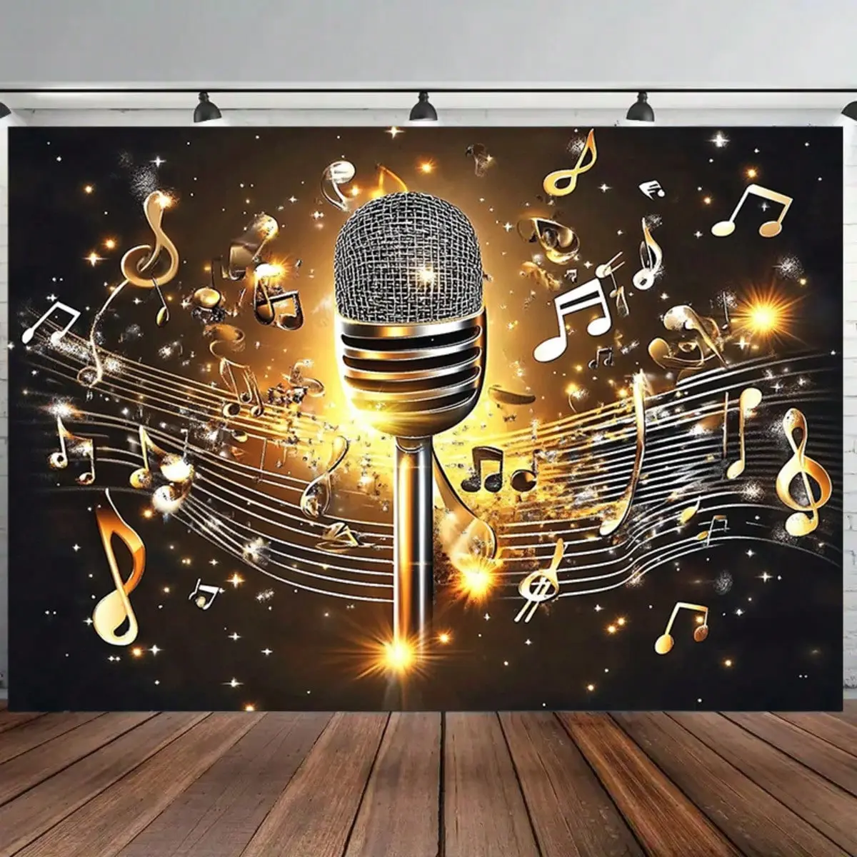 1pc Super Large 2D Flat Music Karaoke Party Backdrop Banner - Golden Microphone & Musical Notes Design, Lightweight Reusable Polyester Decoration, Gift for Birthdays & Holidays, Indoor-Outdoor Photo Booth Home Decor
