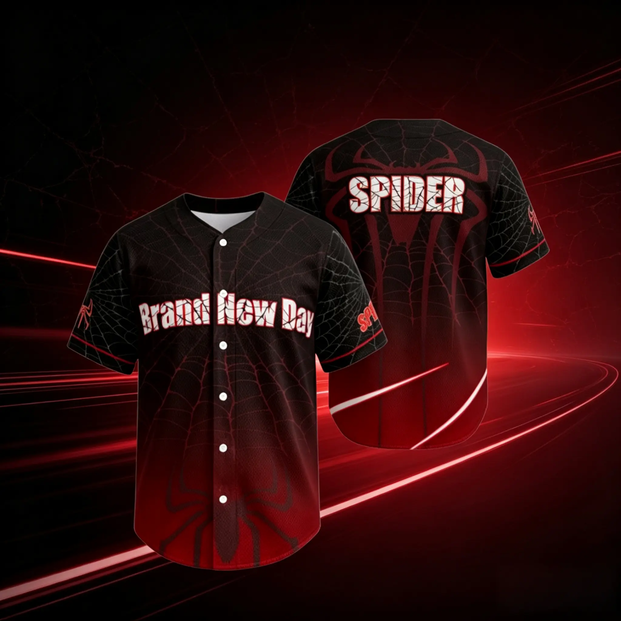 Leisure baseball shirt, with a spider web gradient red and black design, featuring the 2026 brand new logo, suitable for cinema outfits, and a summer casual look. # A Brand New Day Starts Now #