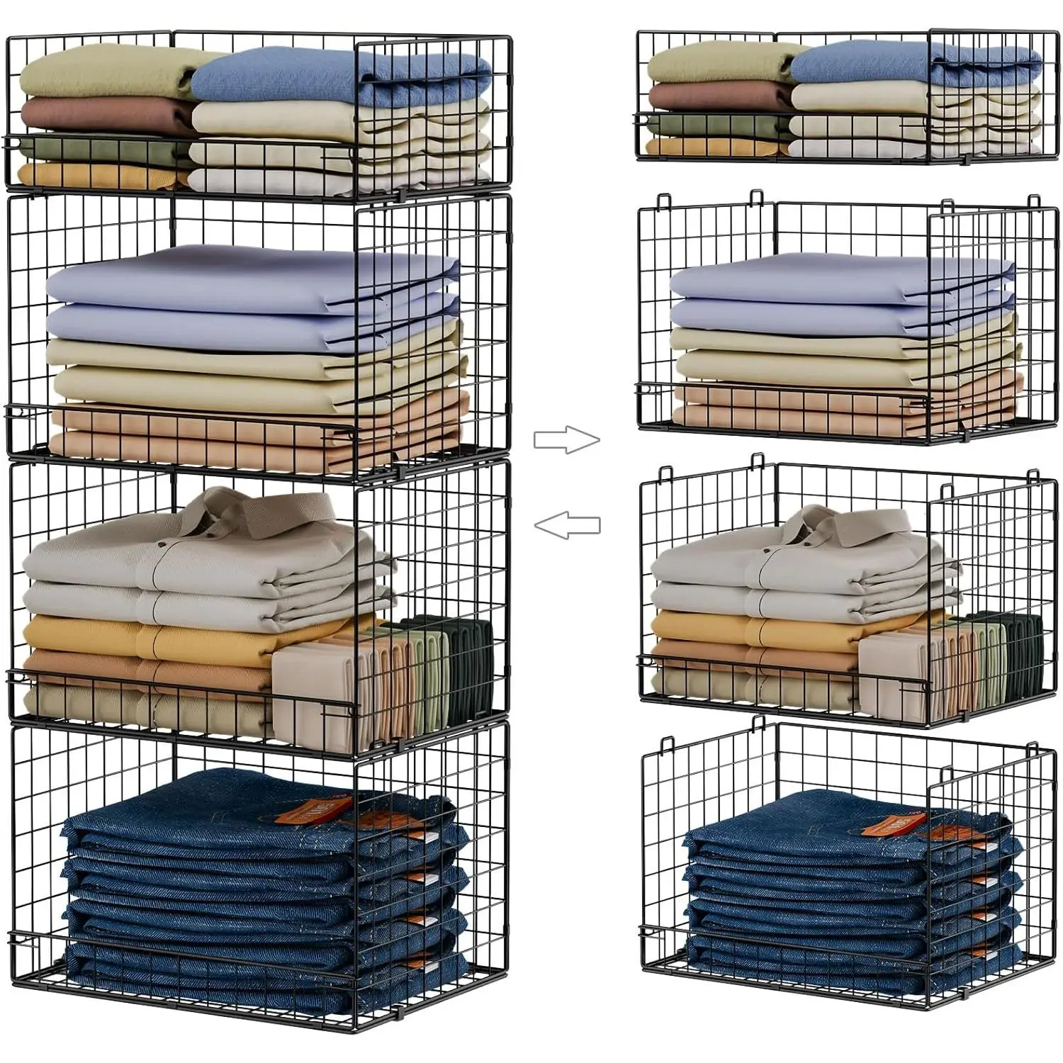 4 Tier Stackable Closet Organizers and Storage Shelves, Foldable Closet Shelf Organizer System, Stackable Storage Bins Drawers for Clothes Organizer System, Black( No. 30022416)