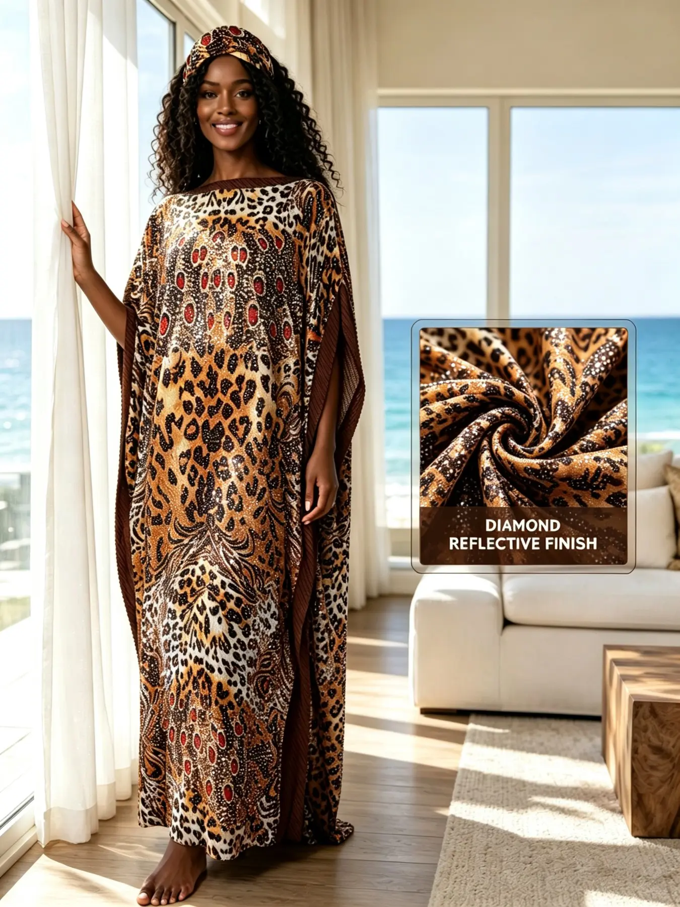Plus Size Women's Two-Piece Satin Ruched Kaftan Set, Warm Leopard Print, Rhinestone Decor, Loose Bat Sleeve Dress with Headscarf