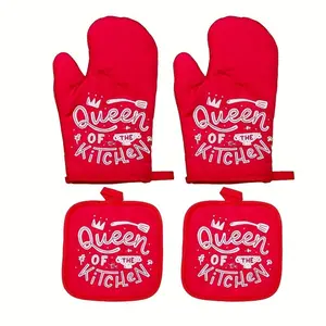 4pcs/1Set, Queen Pattern Easy Style Polyester Heat Insulation Pad Oven Mitts Oven Gloves, Used for Cooking Gloves, Kitchen Home Outdoor Essentials