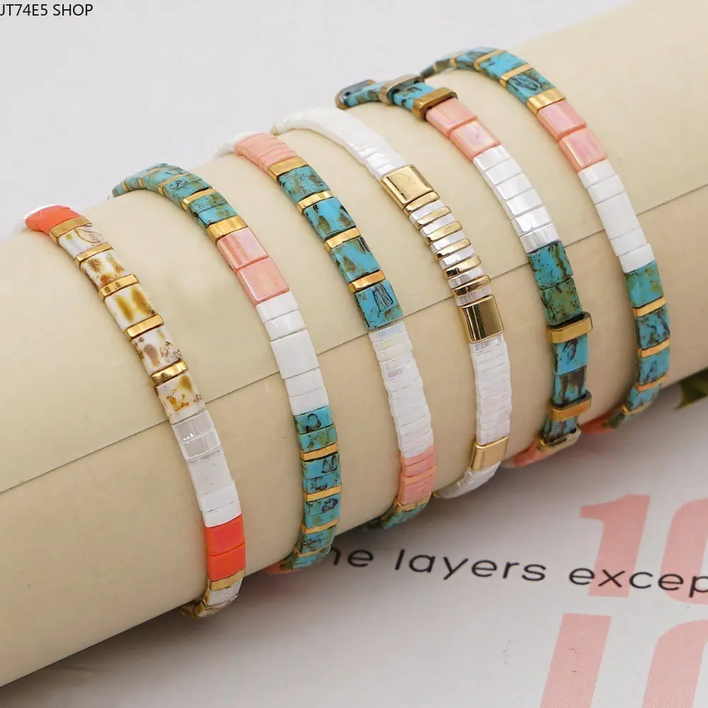 Bohemian Ethnic Multi-Layer Stackable Bracelet, Hand Woven Elastic Tila Bead Wrist Jewelry for Women